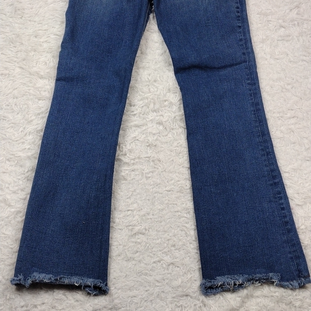 Free People Blue Medium Wash Five Pocket Mid Rise Raw Hem Cropped Boot Cut Jean - Picture 11 of 12